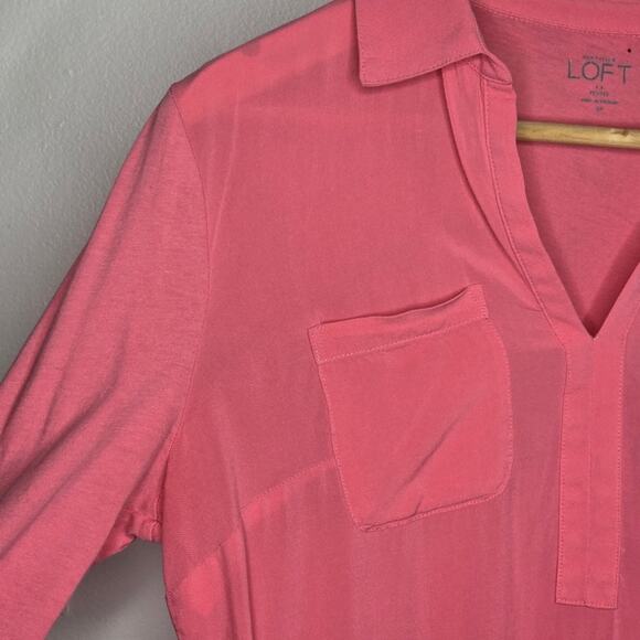 LOFT Coral Pink Women's Mixed Media Top Roll Tab Sleeves Pockets Size SP - Picture 6 of 8